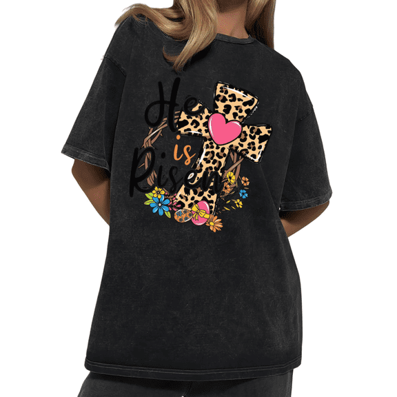 Leopard Cross He Is Risen Easter Wash Print Tshirt S-2XL Acid Washed Black Graphic Tees Casual Shirts for Christian Faith Tops