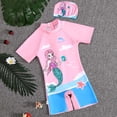 thumbnail image 3 of Rggeeun Baby Girls One-Piece Cartoon Print Short Sleeve Crew Neck Back Zipper Knit Slim Fit Elastic with Matching Hat for Summer Water Activities Lovely Swimsuit,Pink,10-12 Years, 3 of 6