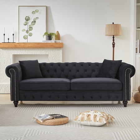 FFZ 85.5 inch Chesterfield Sofa with Rolled Arms, Button Design and 2 Cushions, Black