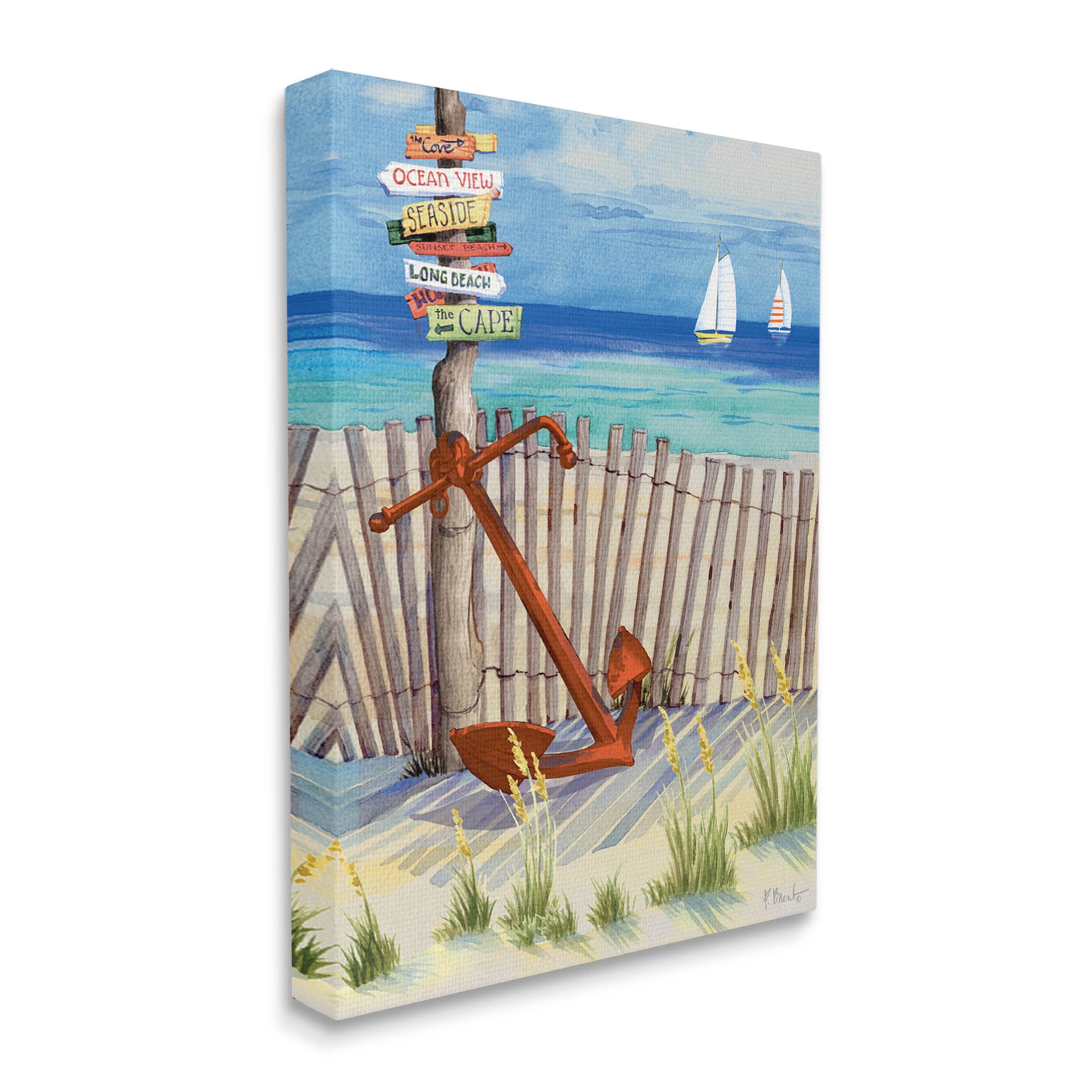 Anchor Leaning Beach Directions Sign Coastal Painting Gallery Wrapped Canvas Print Wall Art