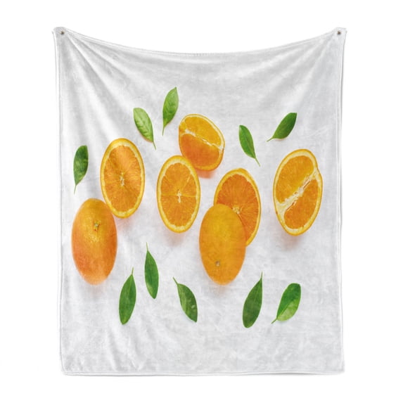 Summer Orange Soft Flannel Fleece Blanket, Hand Picked Fresh Fruits Ripe Ready to Eat Sliced Juicy Pattern, Cozy Plush for Indoor and Outdoor Use, 50" x 60", White Green and Orange, by Ambesonne