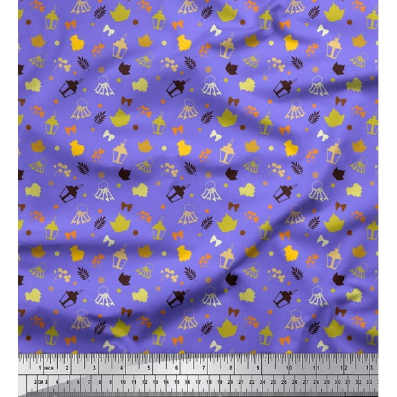 Soimoi Purple Poly Georgette Fabric Dot,Lantern & Autumn Leaves Clip Art Print Fabric by Yard 42 Inch Wide