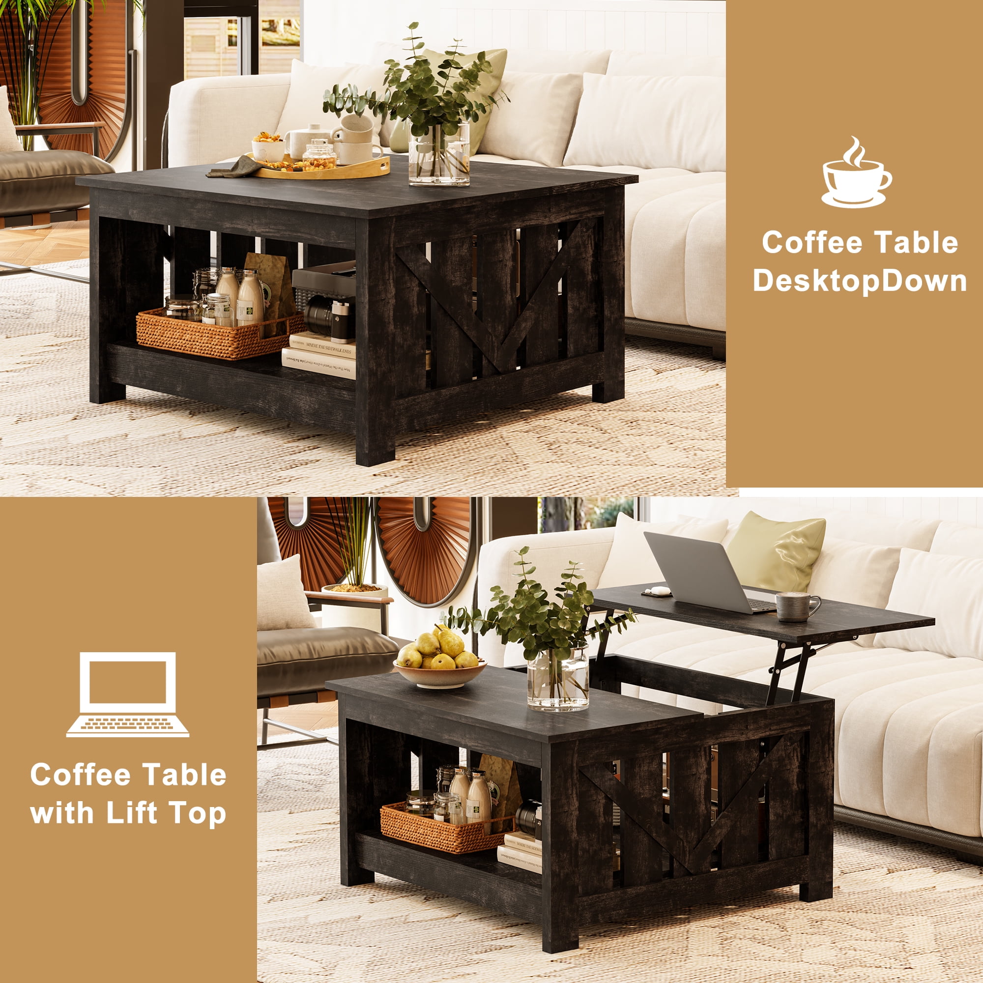 GUNAITO Lift Top Coffee Table with Storage Cabinet and 2 Compartments for Living Room, Black , 31.5''Hx31.5''W in