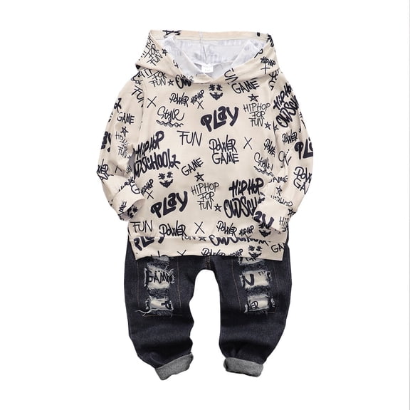 2T Baby Boys Clothes Baby Boy 2PCS Outfits 2-3T Boys Letter Print Long Sleeve Hooded Top Jeans Pants Set