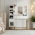 thumbnail image 1 of Makeup Vanity and Stool – White Vanity Desk with 3-Color LED Lights, Charging Station & Display Cabinet, 1 of 5