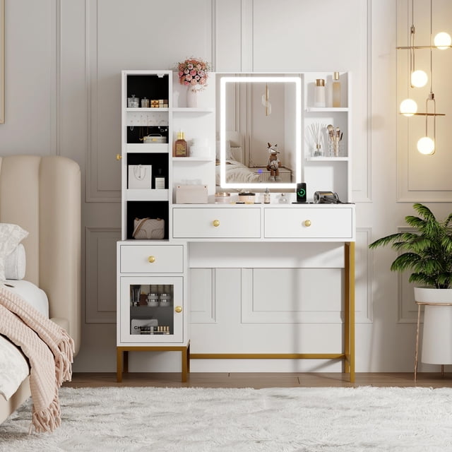 Makeup Vanity and Stool – White Vanity Desk with 3-Color LED Lights, Charging Station & Display Cabinet