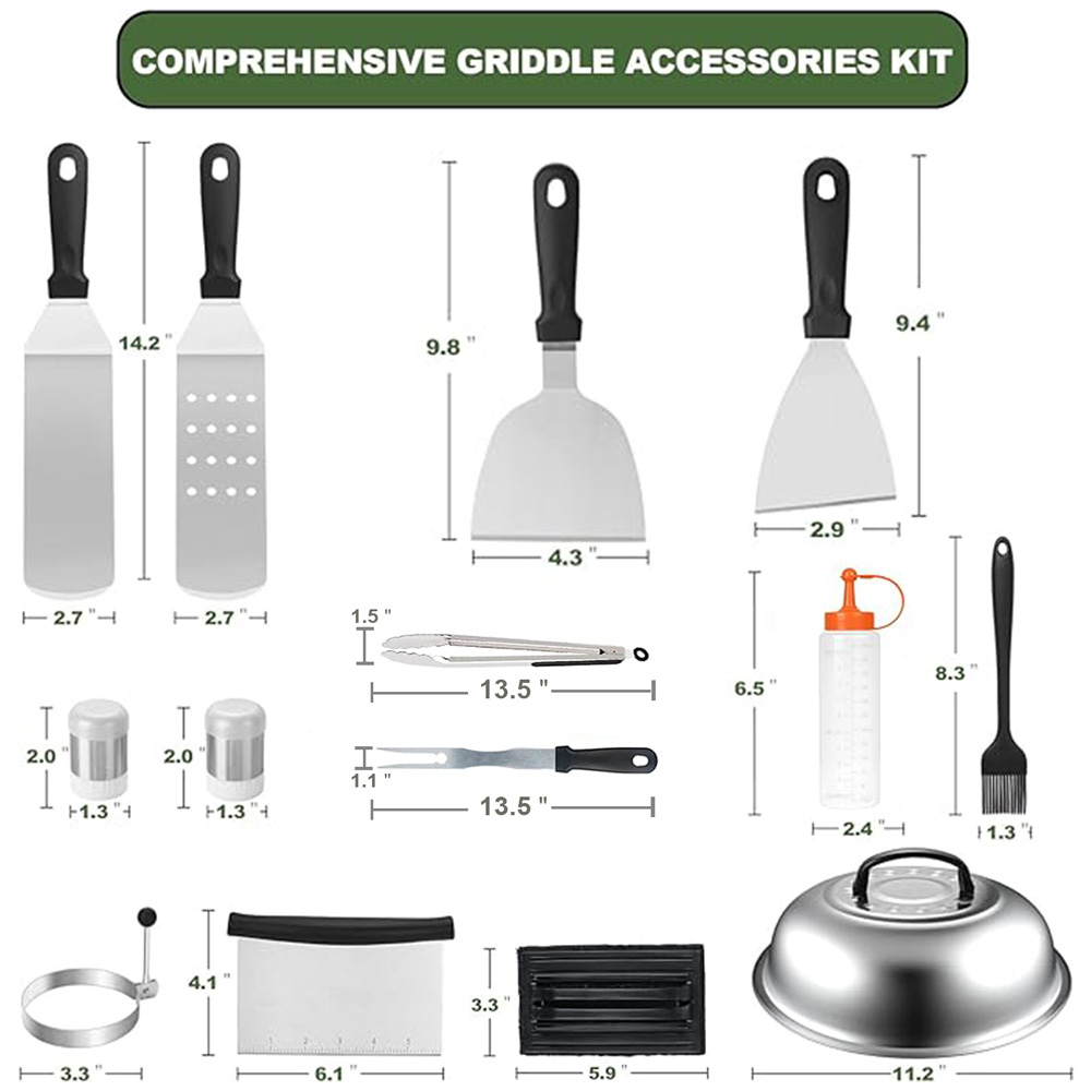 18PCS Griddle Accessories Kit, Flat Top Grill Accessories Set for Blackstone and Camp Chef, Griddle Tools with Extra Large Griddle Spatula and Griddle Grease Gate for Outdoor BBQ