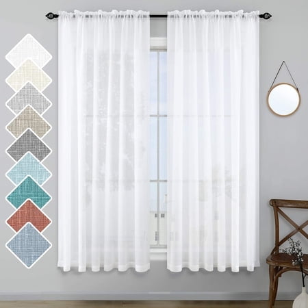 KOUFALL White Semi Sheer curtains 63 Inch Length for Bedroom Pair Set 2 Panels Rod Pocket Translucent Light Filtering Faux Linen Textured Solid Privacy curtains Sheer for closet Wide 52x63 in Long