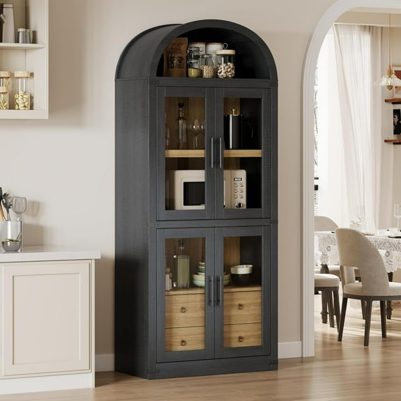 Studyset Arched Bookshelf, Rounded Bookcases with Doors and Drawers Farmhouse Bookcase 15.83in Depth Display Storage Shelves 71.4in Tall Wooden Display Cabinet Rounded Bookcases for Living Room, Offic