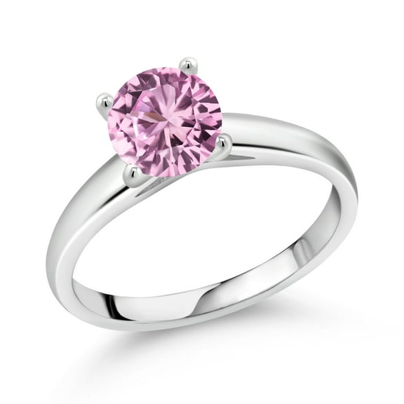 Gem Stone King 1.66 Ct Pink Created Sapphire Solitaire Engagement Ring for Women | 7MM Round | 10K White Gold | Available in Size 5, 6, 7, 8, 9| Size 6