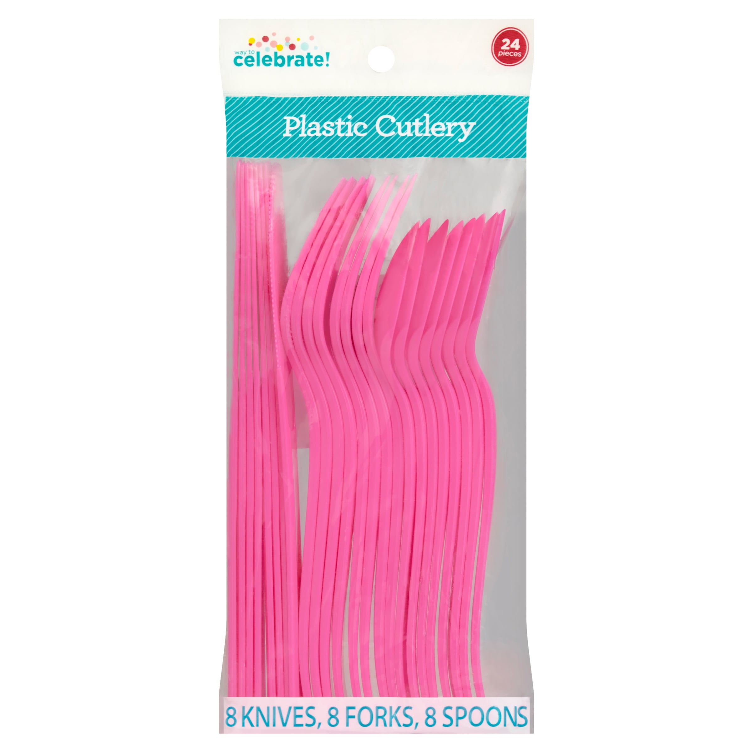 Disposable Plastic Cutlery Set, Neon Pink, 24 Pieces, by Way To Celebrate