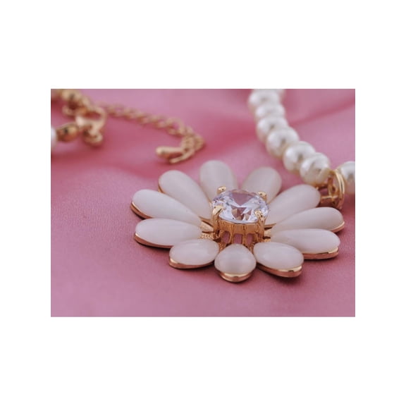 Faux Pearl Necklace with Gold Tone Metal and White Gem Rhinestone Flower Pendant