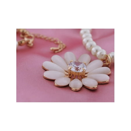 - Faux Pearl Necklace with Gold Tone Metal and White Gem Rhinestone Flower Pendant