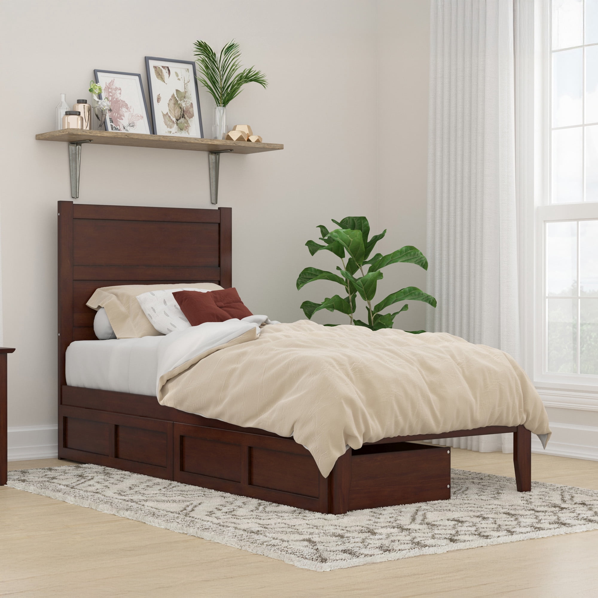 AFI NoHo 14" Twin XL Wood Platform Bed Frame with Set of 2 Storage Drawers, Walnut