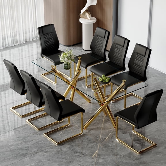 LUFTUT 71" Glass Dining Table Set for 8, Modern Dining Table with Gold Legs and 8 Faux Leather Chairs, Rectangular Dining Table for Kitchen and Dining Room