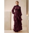 thumbnail image 3 of Burgundy Long Sleeve Pleated Ruched Waist Maxi Dress With Ruffle Hem, 3 of 4