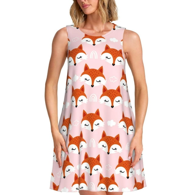Fotbe cute fox pink Vestido de Verano sin Mangas para Mujer – Vestido Midi Línea A, Estilo Camiseta Floral, Vestido Playero Casual y Fluido