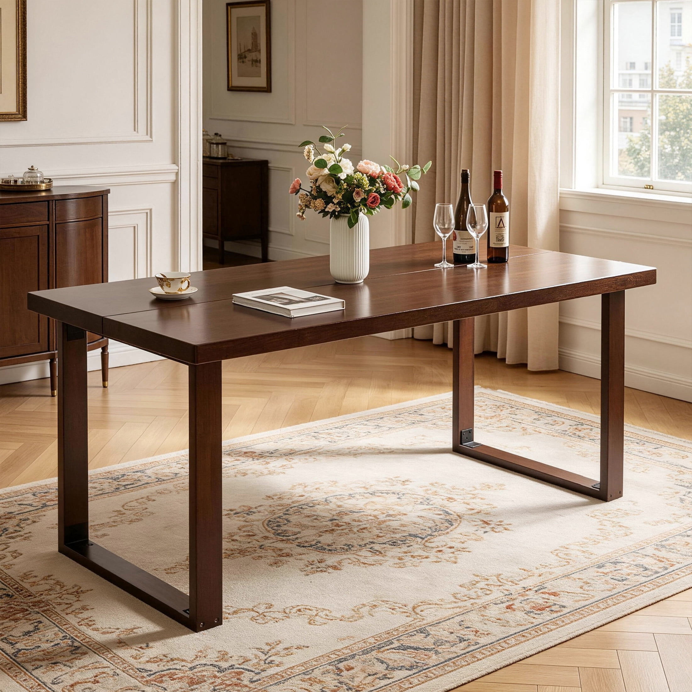 Noble House 70.87" Mid-Century Modern Solid Wood Dining Table, Rectangular Kitchen Table, Dark Walnut