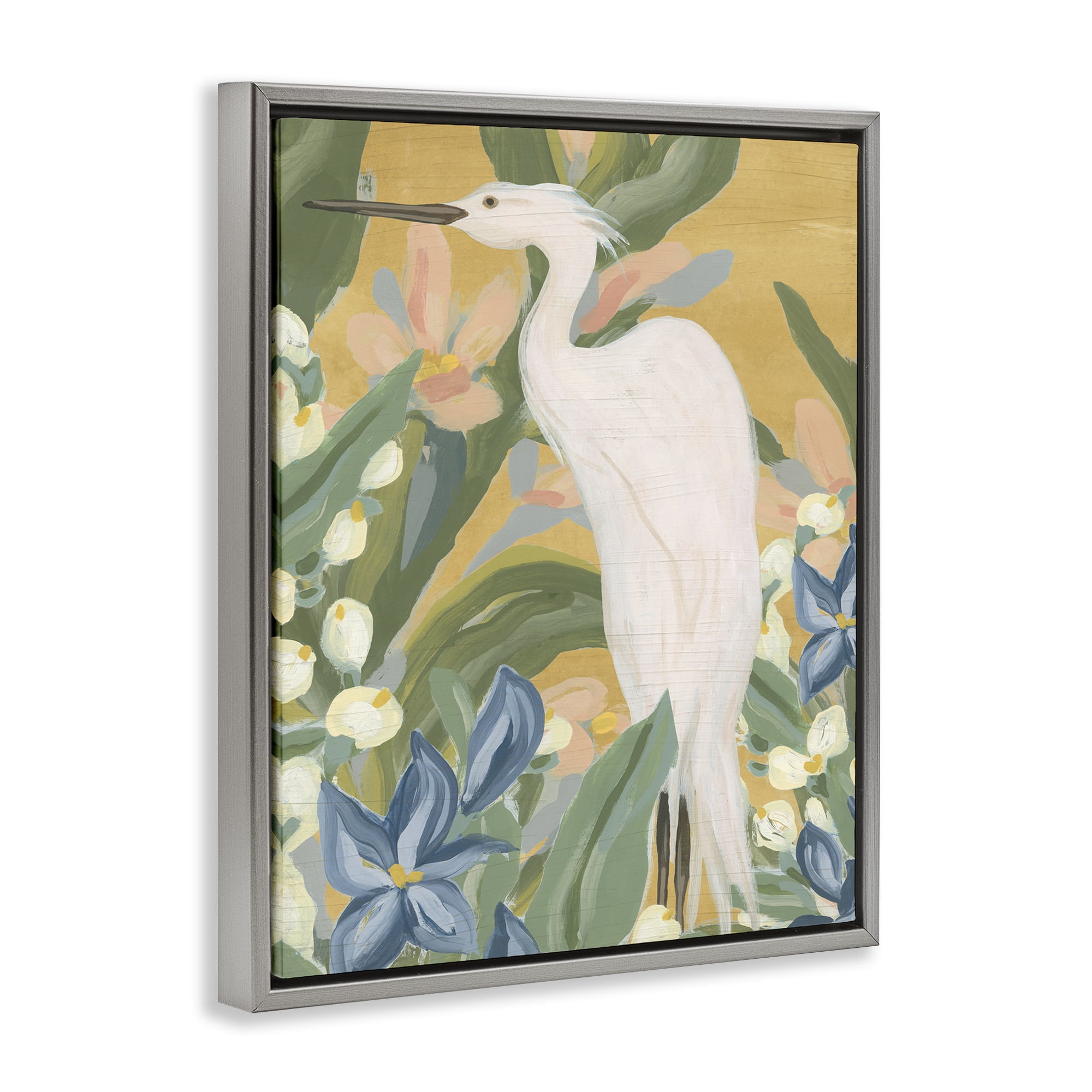 Stupell Industries Tropical Egret Painting Animals & Insects Painting Gray Floater Framed Canvas Art Print Wall Art, 17 x 21