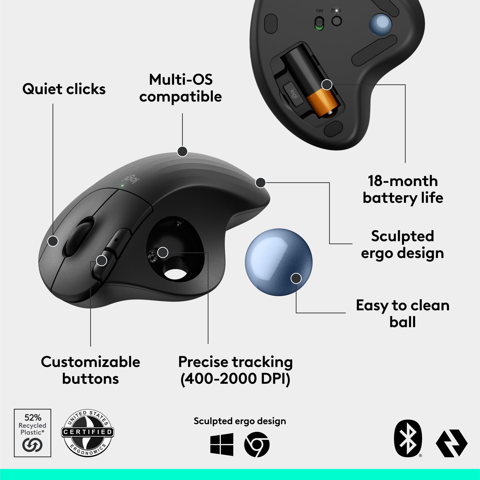 Logitech ERGO M575S Wireless Trackball Mouse, Wireless Ergonomic Mouse With Bluetooth and Encrypted Dongle, Black/Blue Ball