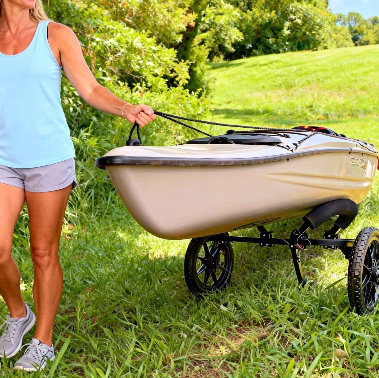 GanFindX Heavy Duty Kayak Cart Canoe Trolley with Solid Foam Wheels, Foldable Kayak Carrier Dolly with Upright Crossbar & Tie Down Straps for Kayak, Canoe, Paddle Board Transport