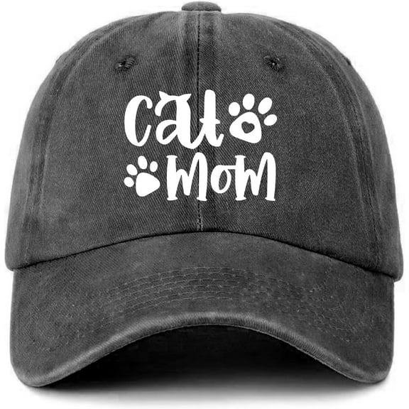 Funny Women's Distressed Washed Black Baseball Caps Cat Mom White Printed Baseball Hats