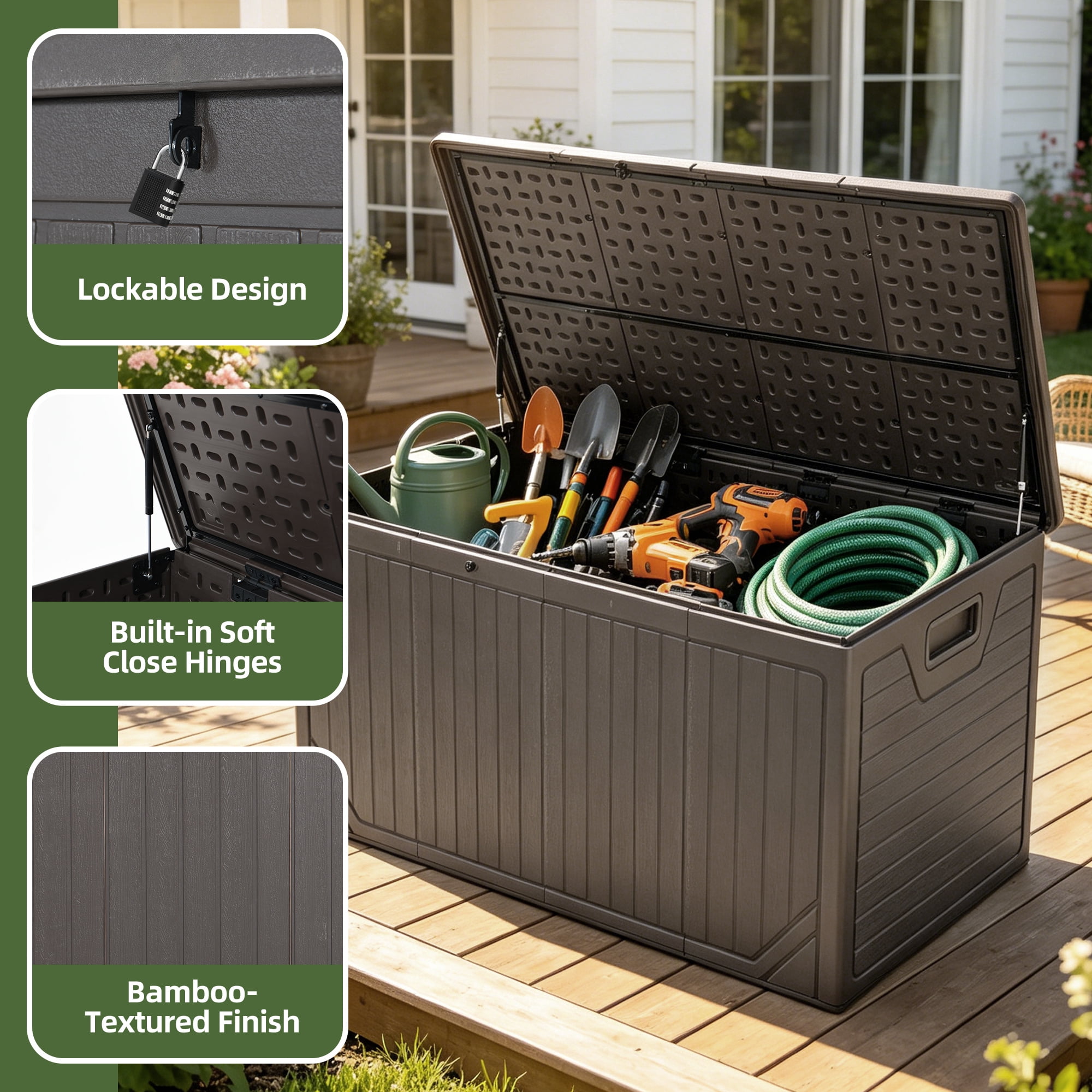 Uforic 300 Gallon Extra Large Outdoor Deck Box, Double-Wall Waterproof Lockable Resin Storage Box, Multipurpose Patio Storage Bin for Garden Tools Pool Supplies, Brown