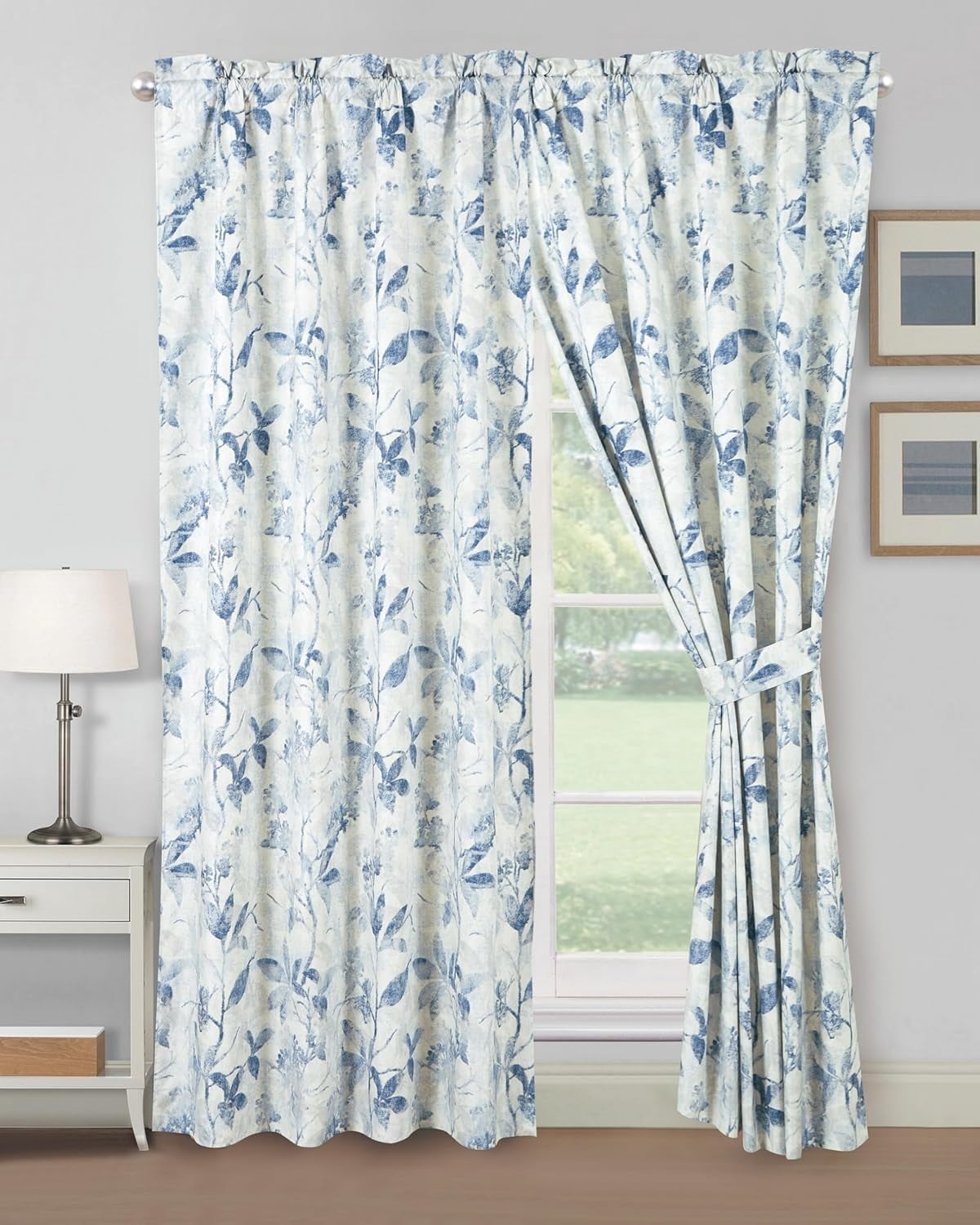 Chezmoi Collection 4-Piece Tropical Floral Window Curtain Set with Sheer Backing, Blue Gray White Textured Floral Printed Microfiber, 120 inch x 84 inch