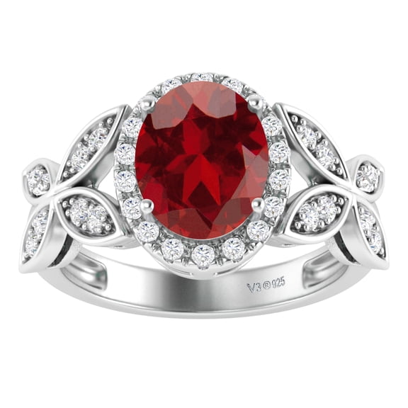 Sterling Silver with Natural Garnet and White Topaz Halo Ring