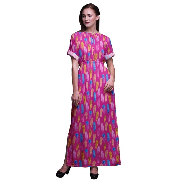 Bimba Robe Longue Imprimée à Taille Smockée en Rayonne Colorée avec Plumes Fente Latérale pour Femme-TTTG