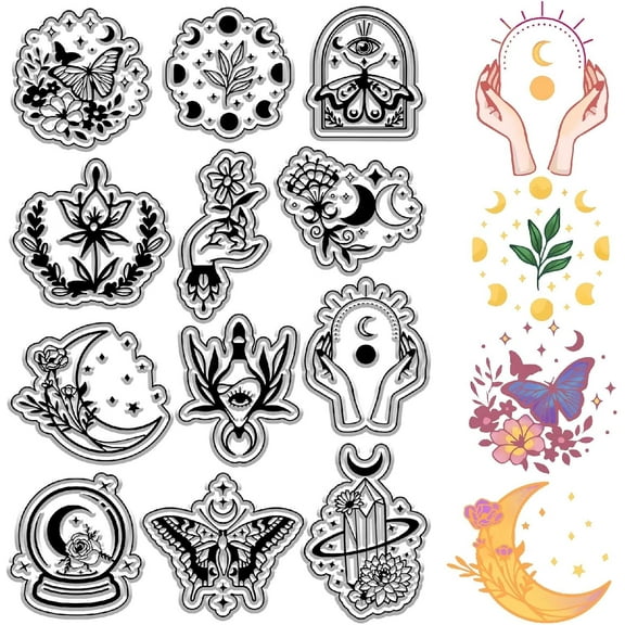 Divinatory Elements Clear Stamps Magic Flower s Hand Ball Moon Phase Butterfly Reusable Retro Transparent Silicone Stamp Seals for Journaling Card Making DIY Scrapbooking