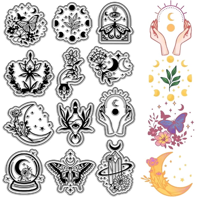 Sellos transparentes de silicona reutilizables retro con diseño de flores mágicas, bolas, fases lunares y mariposas de elementos adivinatorios.