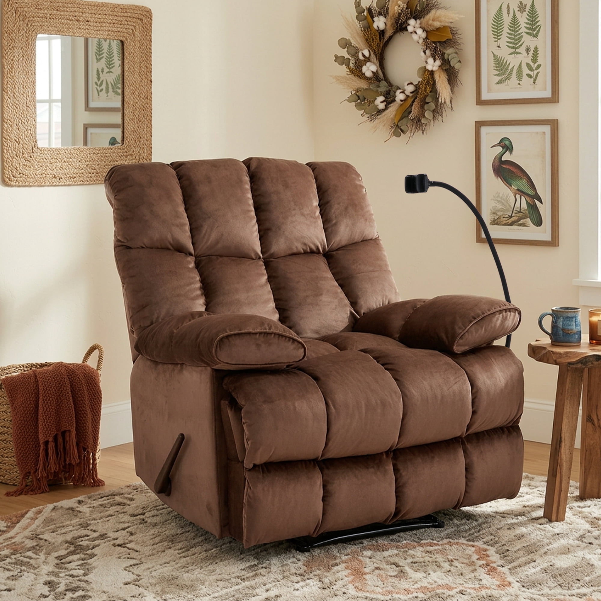 2 Pcs Brown Overstuffed Lounge Chair with Footrest and Phone Holder Extra Large Recliner Chair, Manual Reclining Lounge Chair with Footrest, Comfortable Living Room Accent Recliner
