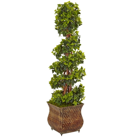 Nearly Natural 4' English Ivy Spiral Artificial Tree in Metal Planter, UV Resistant