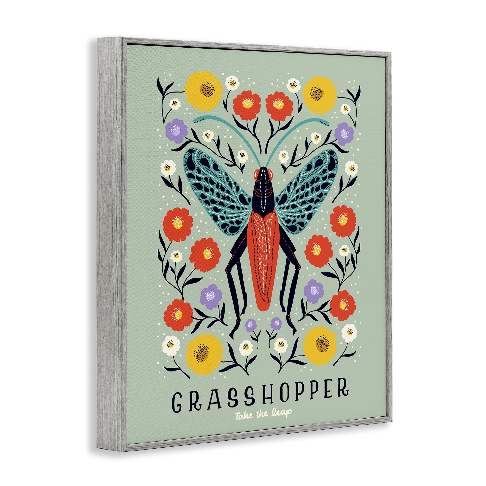Stupell Industries Symmetrical Grasshopper with Blooms Gray Framed Giclee Art, design by Indira Prieto | IndySign