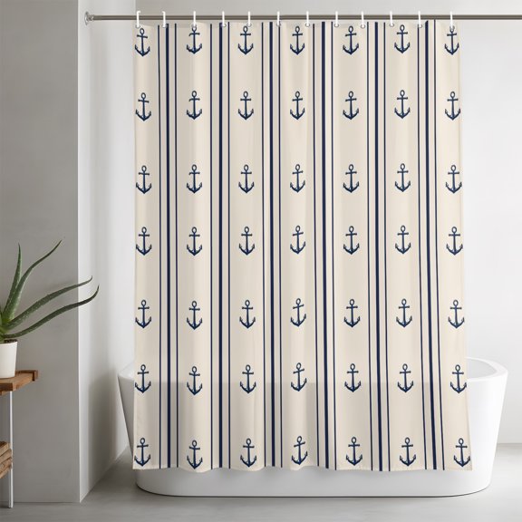 Shower Curtains for Bathroom-36"x72",Nautical Anchor Stripe Waterproof Bath Curtain Grommet Shower Curtain Set with Hooks,