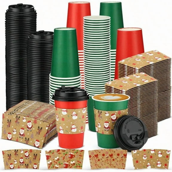 300 Pcs Christmas Disposable Coffee Cups with Lids and Sleeves 12 Oz Christmas Paper Cups Christmas Drinking Cups Hot Cocoa Chocolate Cups Party for Xmas Holiday Daily Holiday Bright Style
