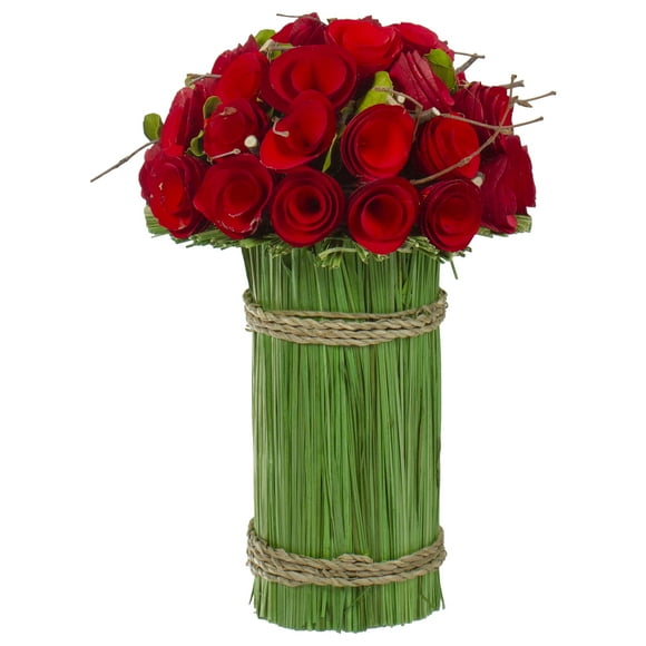 Northlight Wooden Roses and Grass Artificial Floral Bouquet Arrangement - 11.5" - Red