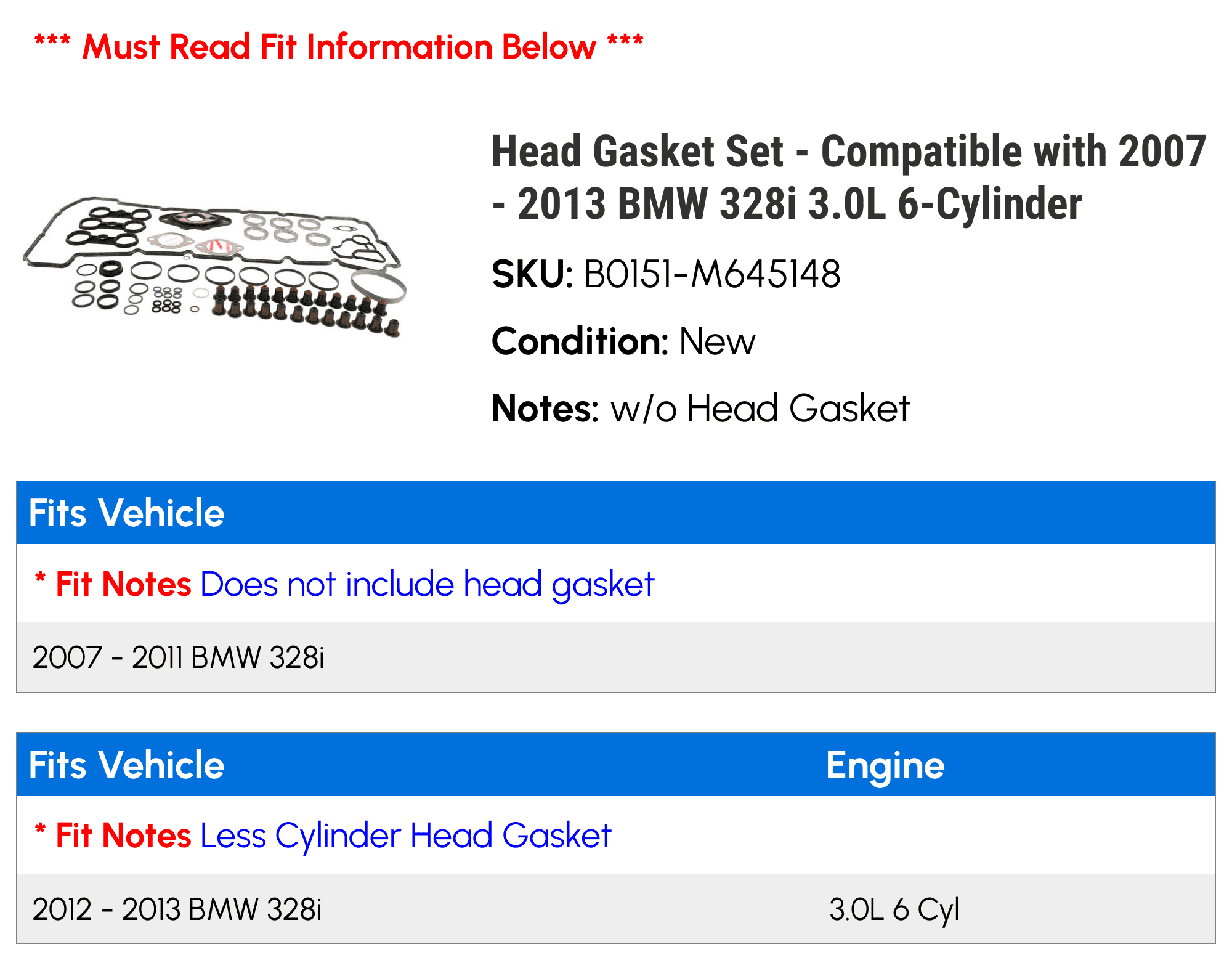 Head Gasket Set - Compatible with 2007 - 2013 BMW 328i 3.0L 6-Cylinder 2008 2009 2010 2011 2012