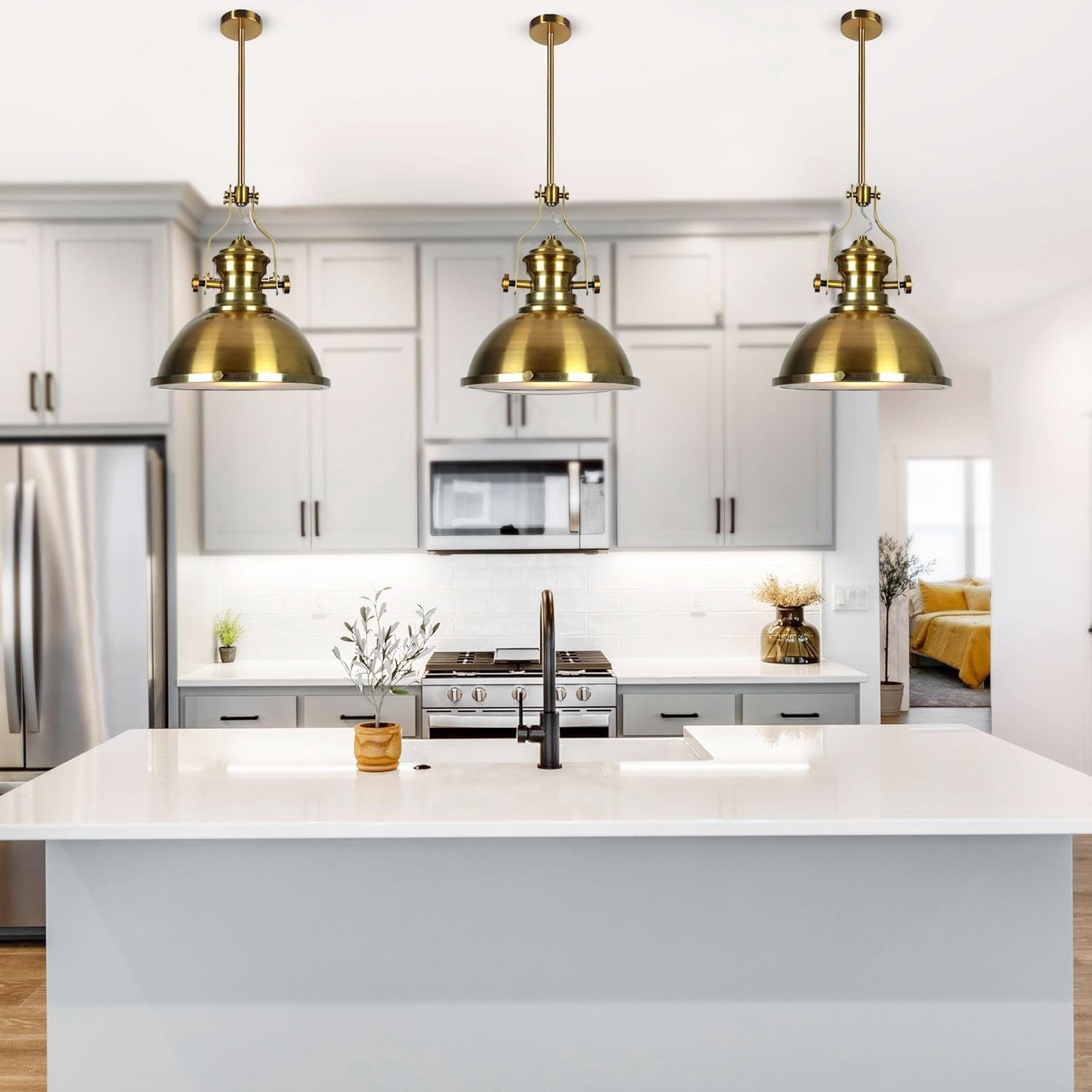 Hesmind Ceiling Pendant Light with Dia 12" Metal Shade and Diffuser Industrial Pendant Light Fixture for Kitchen Island Gold Farmhouse Pendant Light for Pool Tables Rod Hanging Pendant Fixture