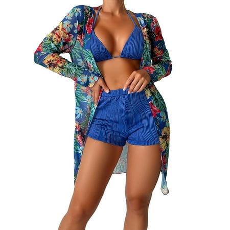 XUELUO Womens Bikinis Solid Color Sexy Halter Push Up Bra And High Waist Panty Set Long Sleeve Cover Up Three Pieces Tankinis Swimwears Holiday Wear
