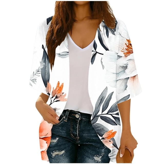 RXMEKW Chemise Décontractée à Manches 3/4 pour Femmes Cardigan de Plage en Polyester pour le Printemps Col Rond