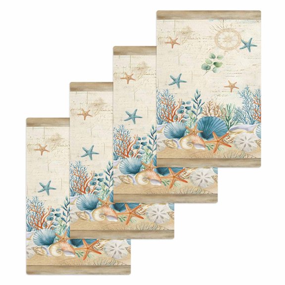 Starfish Coastal Kitchen Dish Towels for Drying Dishes Set of 4, Summer Ocean Coral Conch Seagrass Vintage Brown Waffle Weave Microfiber Hand Tea Bathroom Towels Quick Dry & Absorbent Towel 15.7x23.6