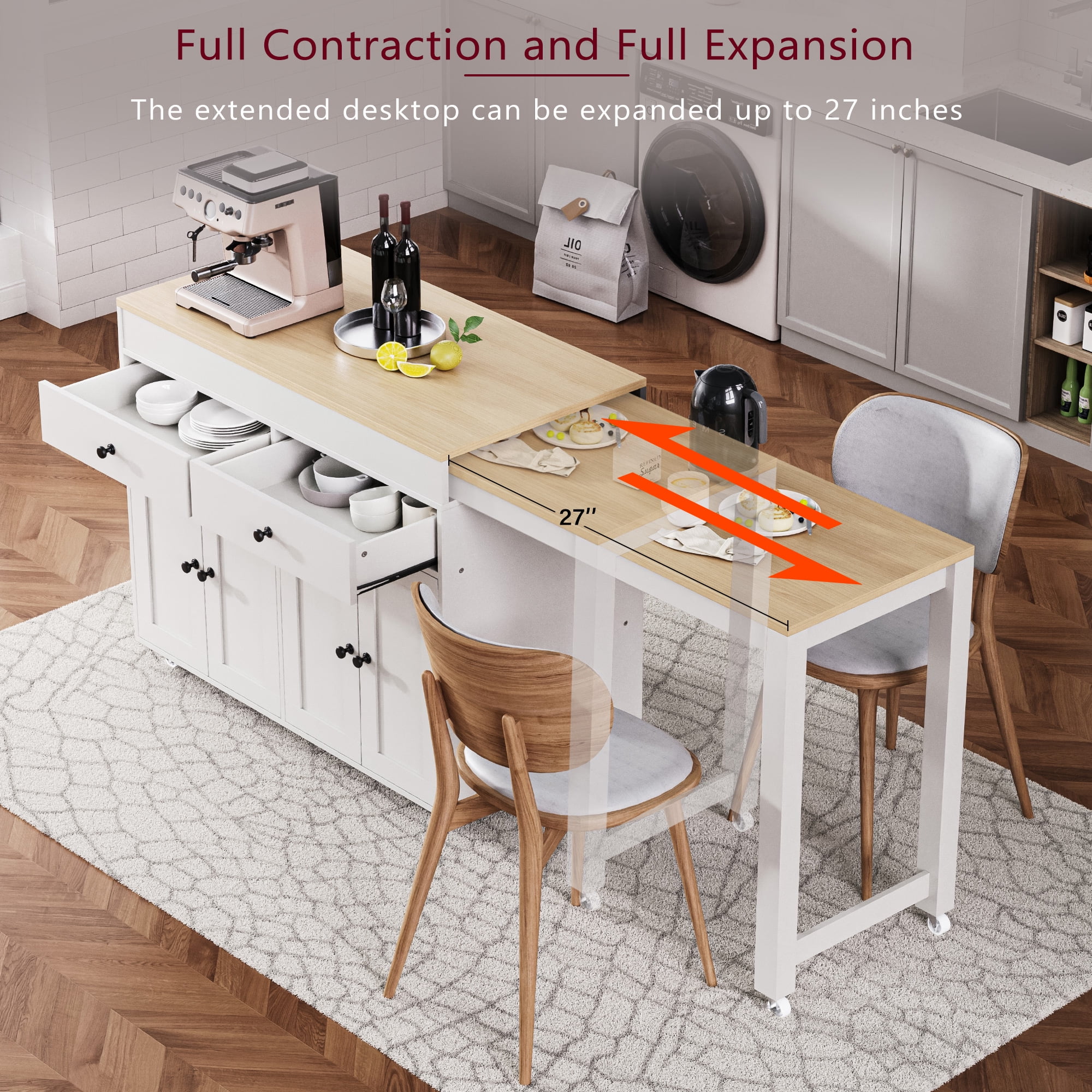 Yoneston 74.5" Rolling Kitchen Island with Extendable Dining Table, Kitchen Storage Cart with Spice Rack and 2 Drawers 4 Doors for Kitchen, Dining Room, White