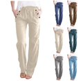 thumbnail image 4 of Feimerou Women's Linen Pants for Summer Petite Casual Pants Drawstring Elastic Waisted Straight Leg Trousers Loose Comfy Lounge Pants, 4 of 5