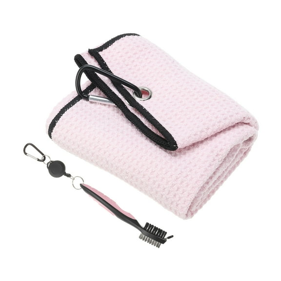Uxcell 20"x16" Tri-Fold Golf Towels Microfiber Waffle Pattern Golf Bag Towels & Brush Tool Kit Pink