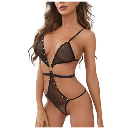 

DNDKILG Women s Sleepwear Babydoll Deep V Neck Lingerie Mesh Teddy Bodysuit Black L