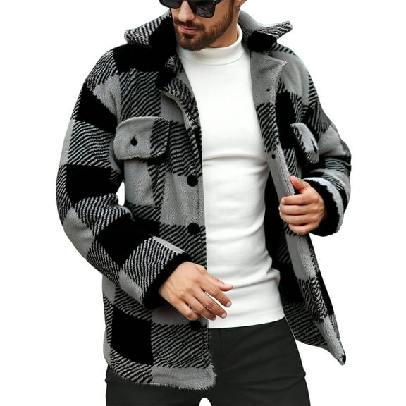 ZUKMRJPC Woolen Plaid Jacket for Men Winter Casual Loose Fit Turndown Collar Button Warm Jacket Coats with Pockets
