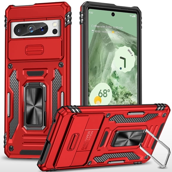 Designed for Google Pixel 9 Pro (6.3 inch) Hybrid Case with Rotation Ring Stand Shockproof & Movable Camera Window PC & TPU Armor Dropproof Phone Case Cover [Red]