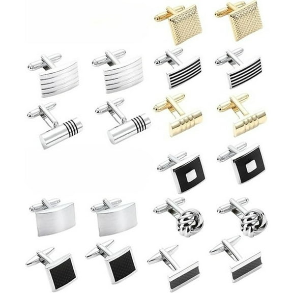 12-Piece Classic Tone Cufflinks Set for Men - Silver & Black, Geometric Shapes, Premium Cuff Links for Wedding, Business & Formal Events With Storage Bag